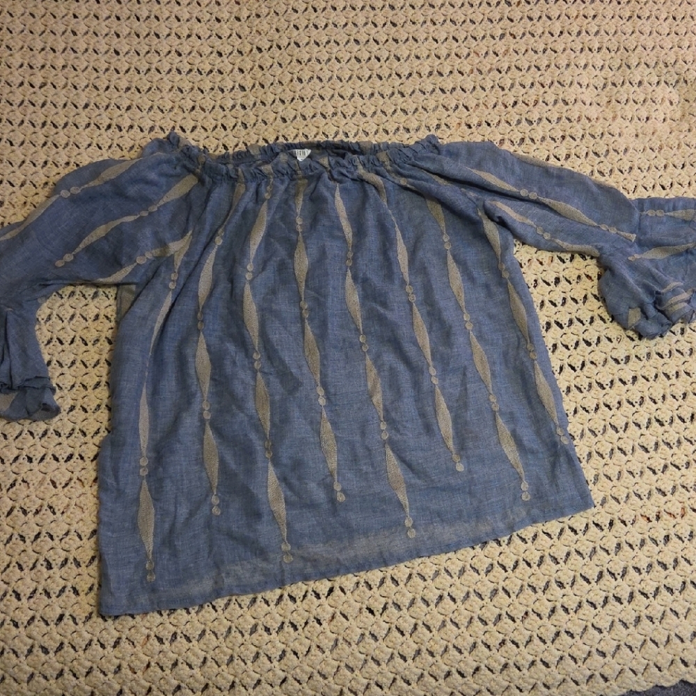 Kaktus Denim Blue Off-Shoulder Blouse with Embroidery